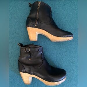 No. 6 Black Leather Clog Buckle Boots